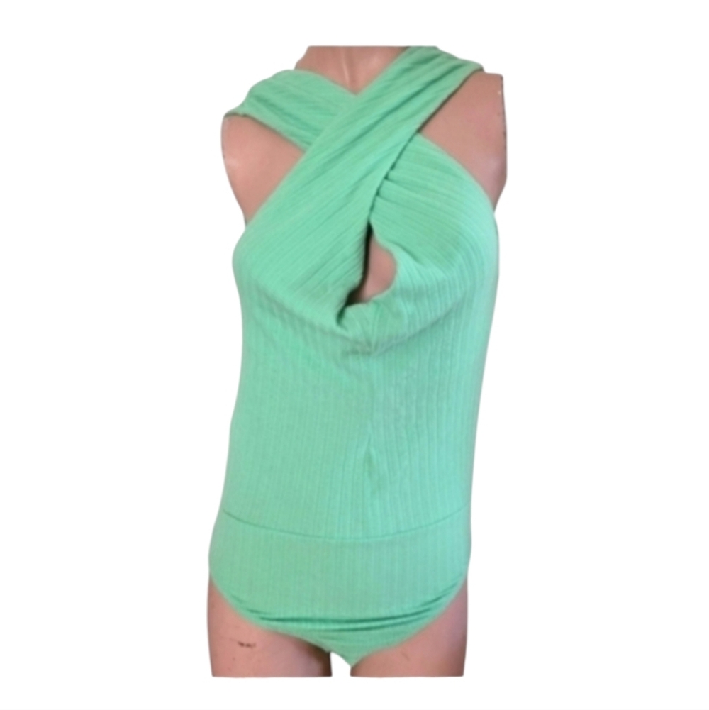 NWT Endless Blu Bright Kelly Green Wrap Front Busty Halter Bodysuit Size Medium